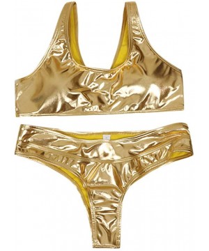 Women's Shiny Metallic Faux Leather One Piece Swimsuits High Cut Stretchy Bodysuit Bathing Suits Swimwear Bikini Gold - CS193...