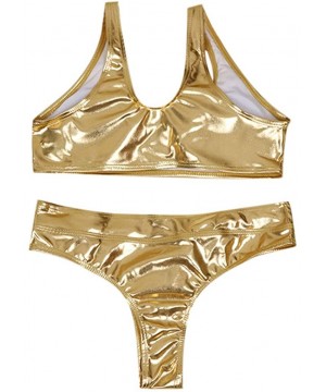 Women's Shiny Metallic Faux Leather One Piece Swimsuits High Cut Stretchy Bodysuit Bathing Suits Swimwear Bikini Gold - CS193...