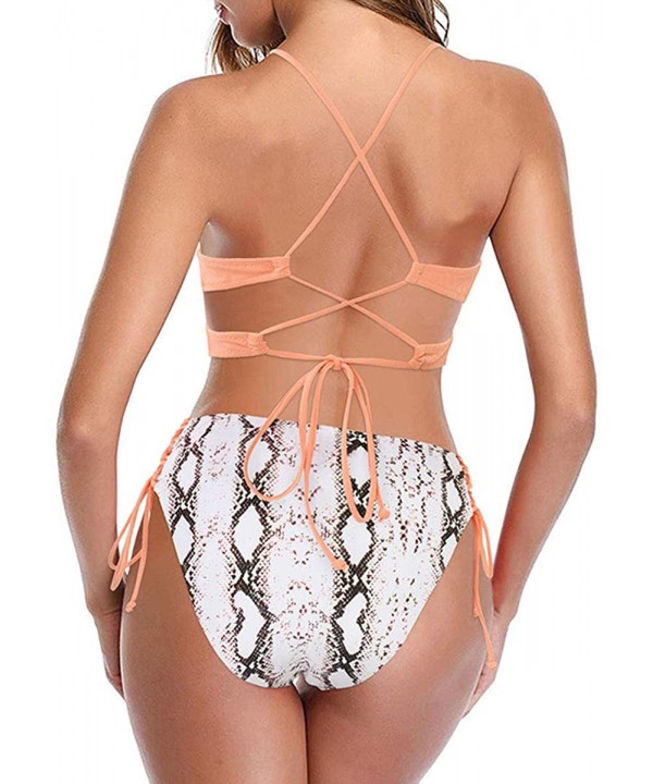 Women Ribbed Criss Cross Lace up Cheeky 2 Piece Bikini Set - Snakeskin - CT194YCI42T $22.70-Sets