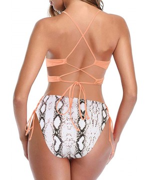 Women Ribbed Criss Cross Lace up Cheeky 2 Piece Bikini Set - Snakeskin - CT194YCI42T $22.70-Sets