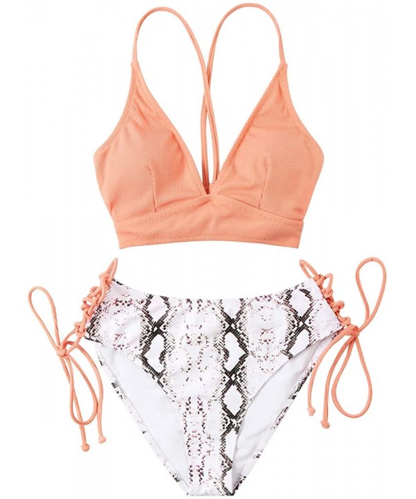 Women Ribbed Criss Cross Lace up Cheeky 2 Piece Bikini Set - Snakeskin - CT194YCI42T $22.70-Sets