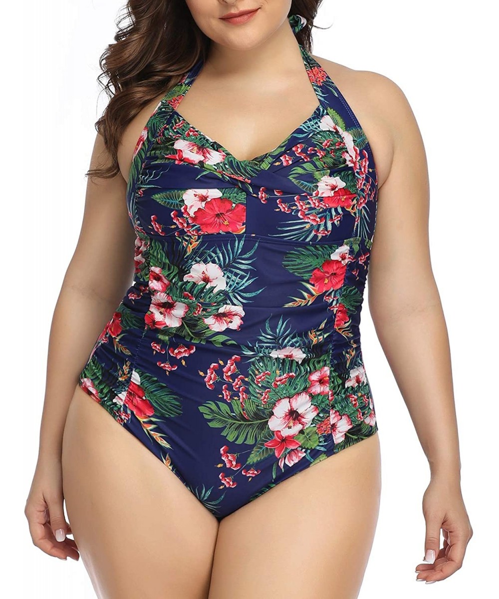 Women Plus Size Tummy Control Bathing Suits One Piece Swimsuit Halter Vintage Swimwear - Blue Floral - CT192HDOYIS $13.18-One...