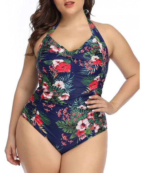 Women Plus Size Tummy Control Bathing Suits One Piece Swimsuit Halter Vintage Swimwear - Blue Floral - CT192HDOYIS $13.18-One...