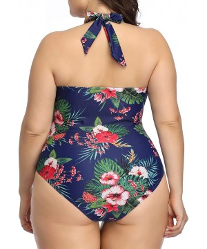 Women Plus Size Tummy Control Bathing Suits One Piece Swimsuit Halter Vintage Swimwear - Blue Floral - CT192HDOYIS $13.18-One...