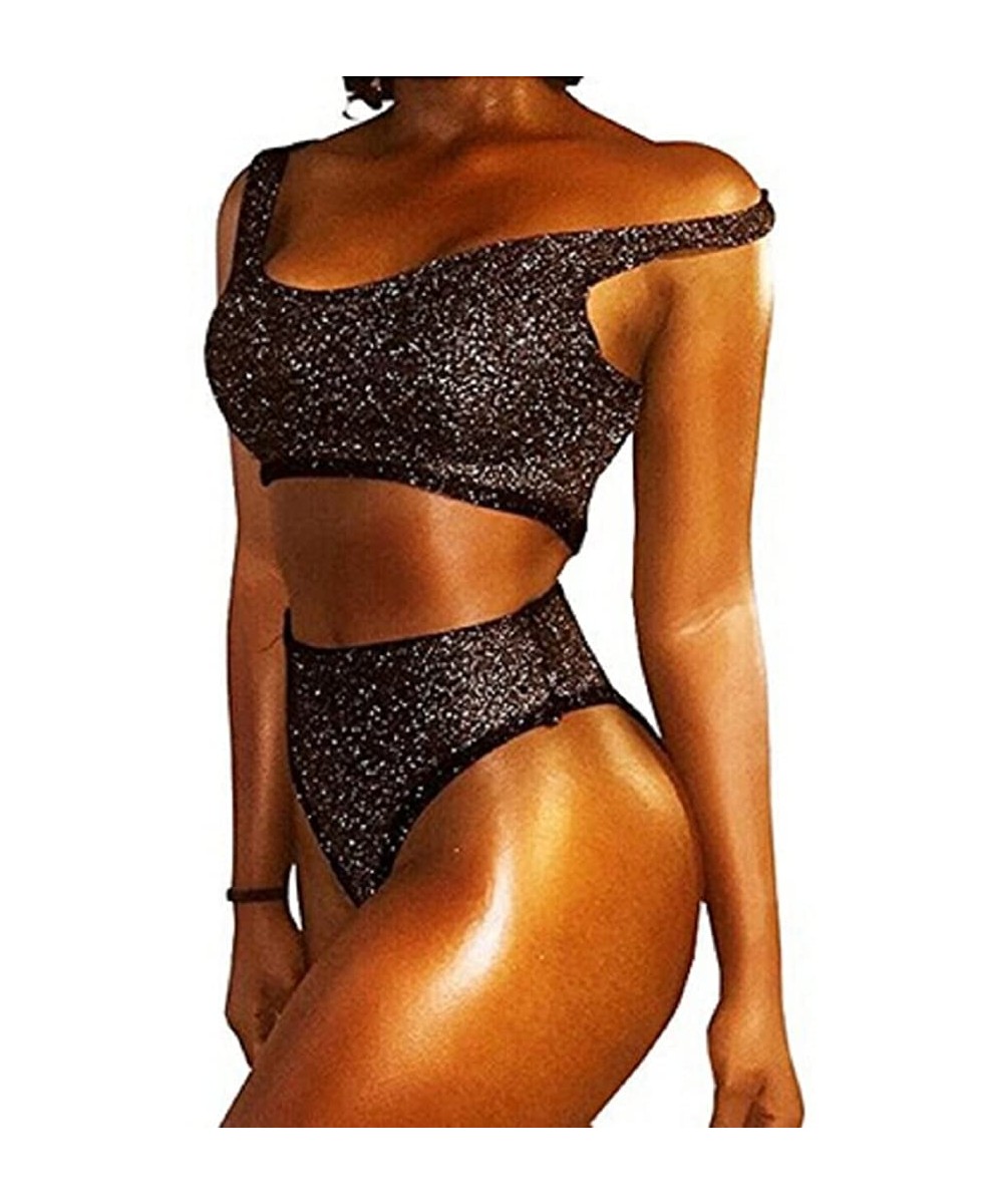 Women Sequins Push-up Padded Crop Top Bikini Swimsuit Swimwear 2pcs Set Bathing Suits - Black - CL18C5W6LGA $9.44-Sets