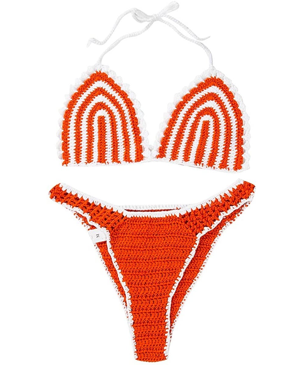 Women's 2PCS Brazilian Swimwear Crochet Triangle Bottom Crop Bikini Set Knit Bathing Suit Swimsuit Beachwear Orange - CM18SHL...