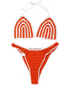 Women's 2PCS Brazilian Swimwear Crochet Triangle Bottom Crop Bikini Set Knit Bathing Suit Swimsuit Beachwear Orange - CM18SHL...