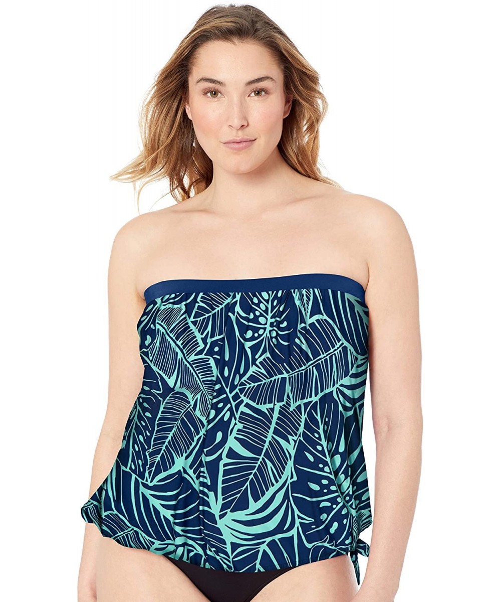 Women's Plus Size Bandeau Tankini Swimsuit Top - Navy//Leaf a Peel - C918ZQ0R5RO $55.41-Tops