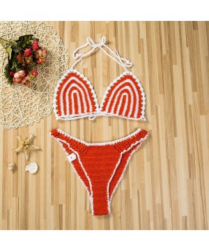 Women's 2PCS Brazilian Swimwear Crochet Triangle Bottom Crop Bikini Set Knit Bathing Suit Swimsuit Beachwear Orange - CM18SHL...