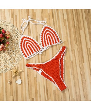 Women's 2PCS Brazilian Swimwear Crochet Triangle Bottom Crop Bikini Set Knit Bathing Suit Swimsuit Beachwear Orange - CM18SHL...