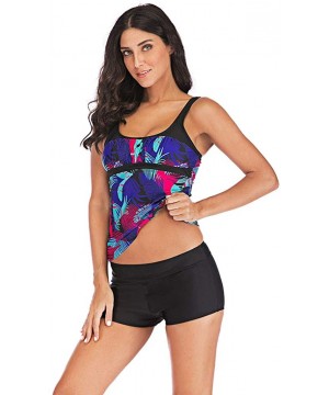 Women Tankini Tummy Control Swimwear Tank Top Retro Printed Swimsuit with Boyshorts Two Piece Bathing Suit Purple - CS194LEON...