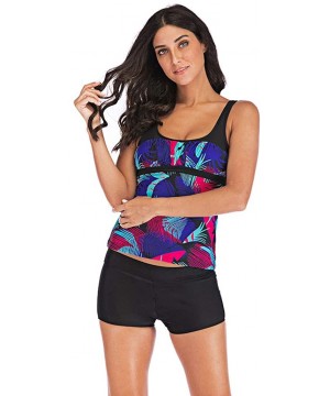 Women Tankini Tummy Control Swimwear Tank Top Retro Printed Swimsuit with Boyshorts Two Piece Bathing Suit Purple - CS194LEON...