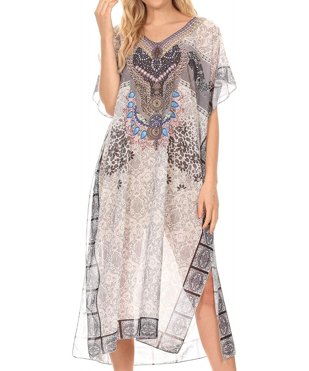 Astryd Women's Flowy Maxi Long Caftan Dress Cover Up with Rhinestone - Tile White - CG18SMSEH3U $26.46-Cover-Ups