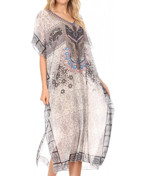 Astryd Women's Flowy Maxi Long Caftan Dress Cover Up with Rhinestone - Tile White - CG18SMSEH3U $26.46-Cover-Ups