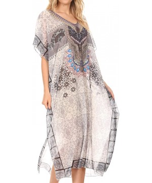 Astryd Women's Flowy Maxi Long Caftan Dress Cover Up with Rhinestone - Tile White - CG18SMSEH3U $26.46-Cover-Ups