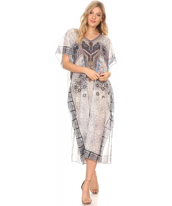 Astryd Women's Flowy Maxi Long Caftan Dress Cover Up with Rhinestone - Tile White - CG18SMSEH3U $26.46-Cover-Ups