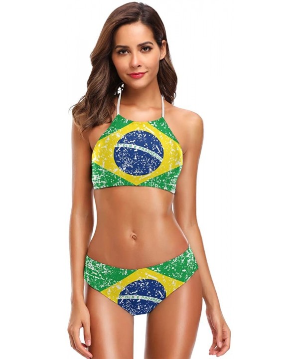 Brazil Flag Women's Sexy Bikini Swimsuit Set Halter Bathing Suit Swimwear Beachwear - Brazil Flag - CU18QLQOXZ6 $32.96-Sets