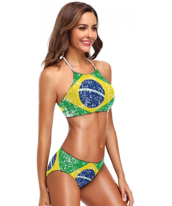 Brazil Flag Women's Sexy Bikini Swimsuit Set Halter Bathing Suit Swimwear Beachwear - Brazil Flag - CU18QLQOXZ6 $32.96-Sets