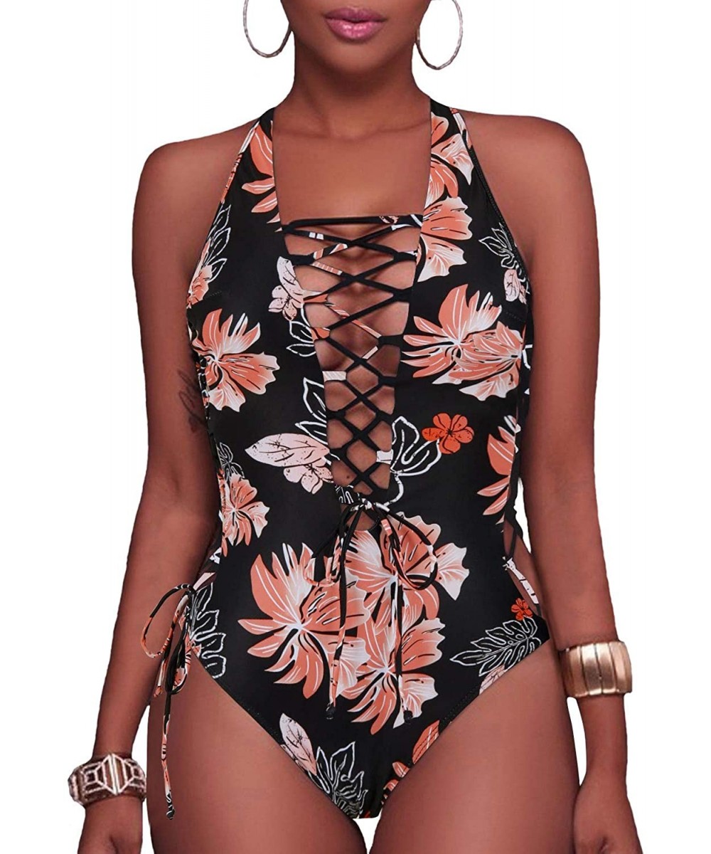 Women Sexy One Piece Swimsuit Lace up Monokini Plunge Backless Criss Cross Bathing Suit Swimwear - Pink Floral - CK199LQGDKS ...