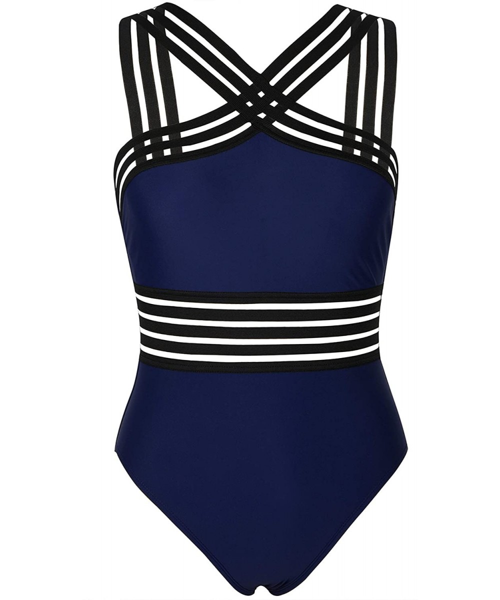 Women's High Neck One Piece Swimsuit Crosscriss Straps Bathing Suits High Waisted Monokini Swimwear - Navy - C118R2WGSOA $31....