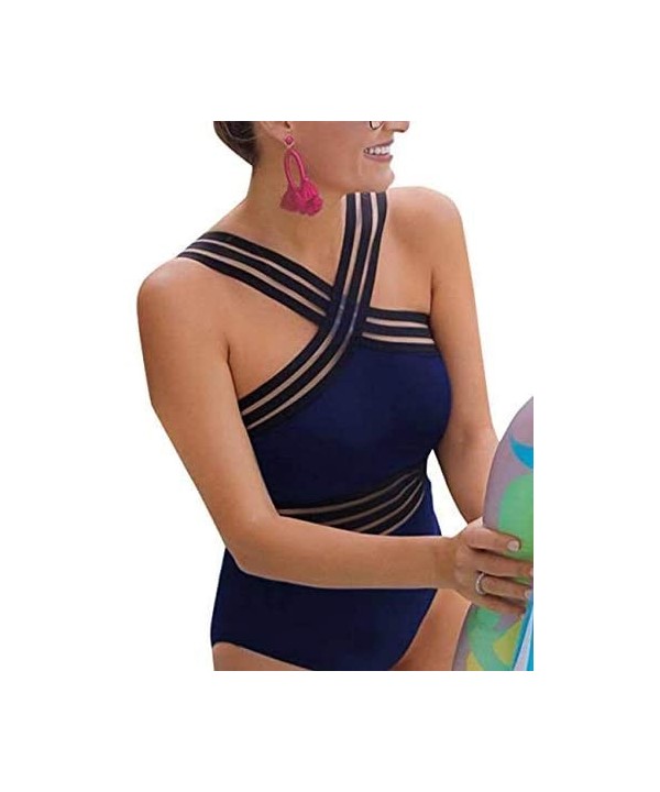 Women's High Neck One Piece Swimsuit Crosscriss Straps Bathing Suits High Waisted Monokini Swimwear - Navy - C118R2WGSOA $31....