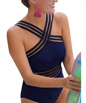 Women's High Neck One Piece Swimsuit Crosscriss Straps Bathing Suits High Waisted Monokini Swimwear - Navy - C118R2WGSOA $31....