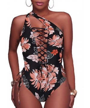 Women Sexy One Piece Swimsuit Lace up Monokini Plunge Backless Criss Cross Bathing Suit Swimwear - Pink Floral - CK199LQGDKS ...