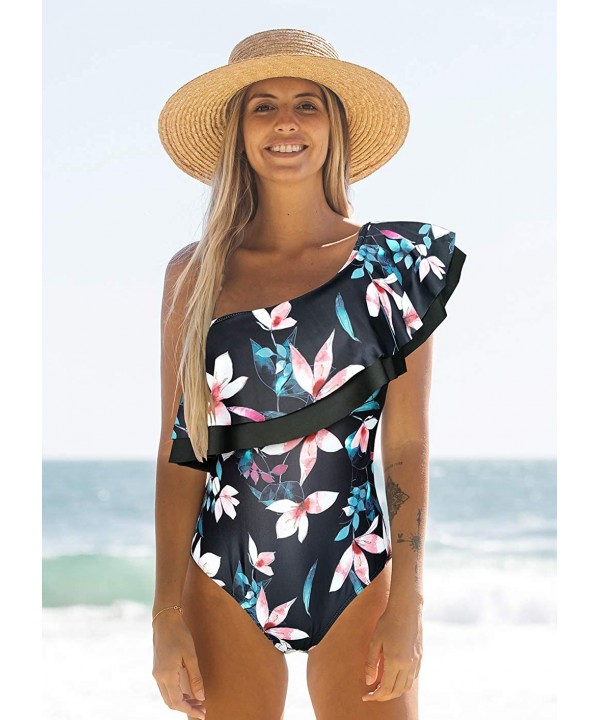 One Piece Off Shoulder Flounce Swimsuit Women Tummy Control Ruffle Bathing Suit - Print31 - CF19CA4UH0A $31.10-One-Pieces