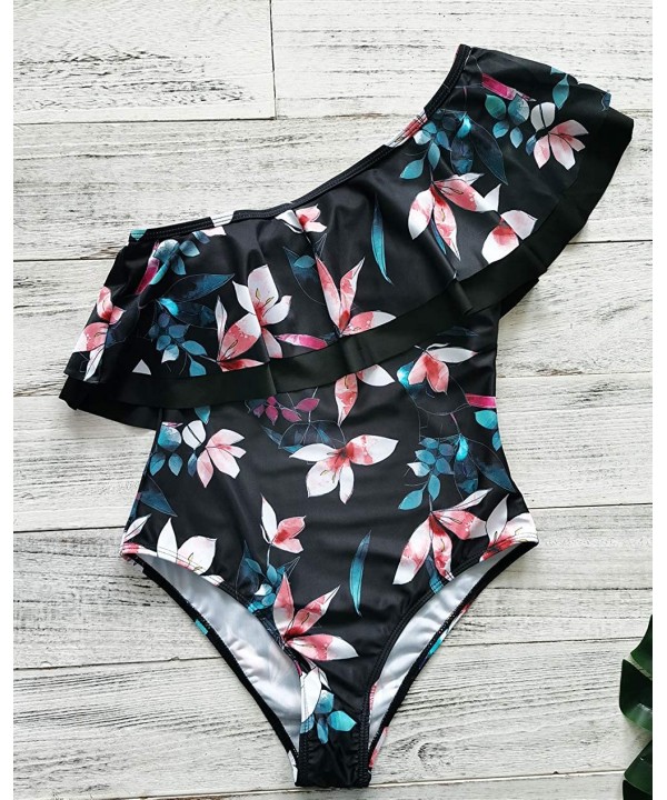 One Piece Off Shoulder Flounce Swimsuit Women Tummy Control Ruffle Bathing Suit - Print31 - CF19CA4UH0A $31.10-One-Pieces