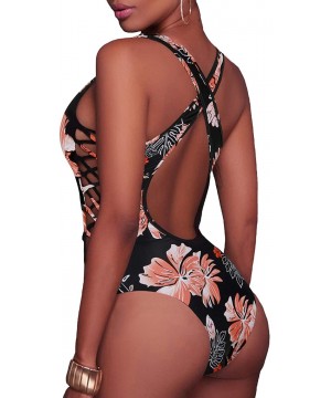 Women Sexy One Piece Swimsuit Lace up Monokini Plunge Backless Criss Cross Bathing Suit Swimwear - Pink Floral - CK199LQGDKS ...