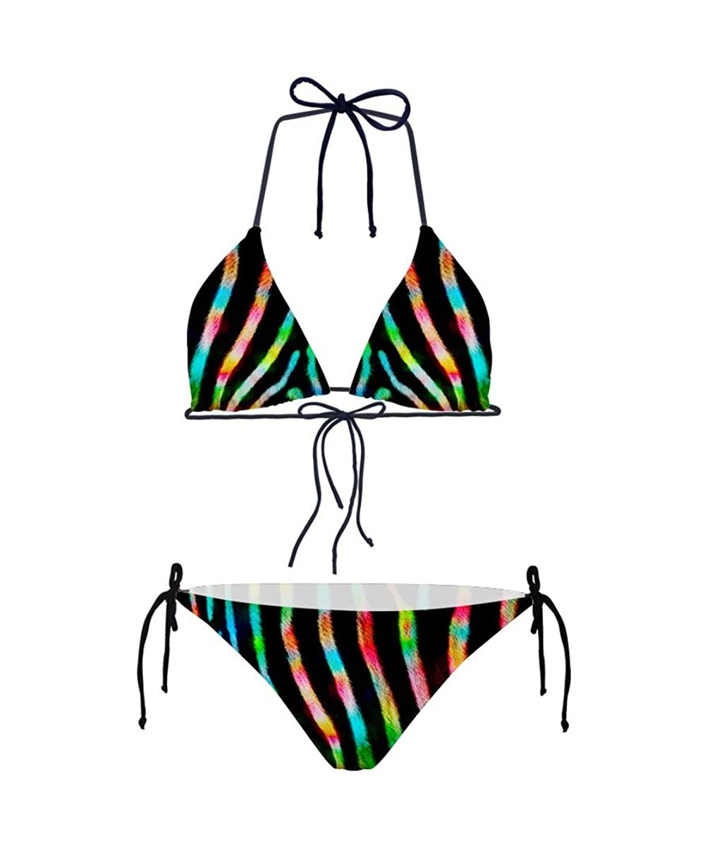 Womens Sexy Triangle Halter Bikini Set Two Piece with Tie Side Bottom Swimwear - Zebra - CN18QKS5RDU $25.39-Sets