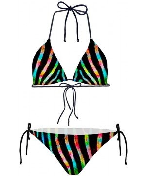 Womens Sexy Triangle Halter Bikini Set Two Piece with Tie Side Bottom Swimwear - Zebra - CN18QKS5RDU $25.39-Sets