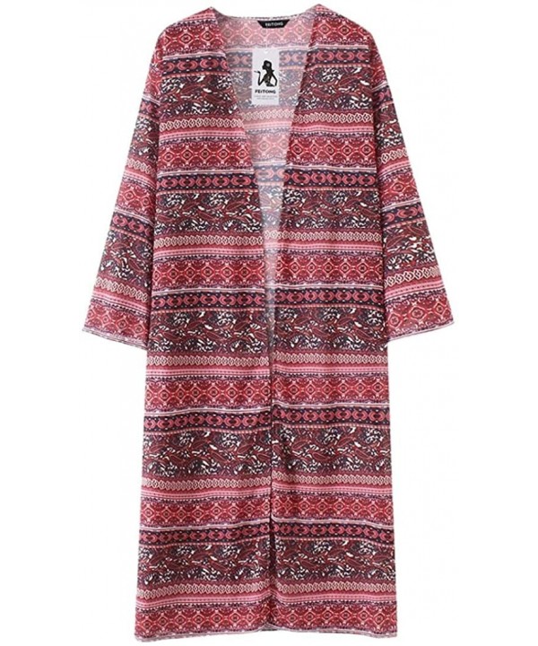 Womens Loose Shawl Print Kimono Long Cardigan Chiffon Cover Up Smock Beachwear Plus Size - Multi Color - C218DLR3634 $15.88-C...