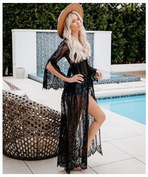 Women's Chiffon Long Beach Kimono Cardigan Casual Open Front Bikini Swimsuit Cover Up Split Sleeve Mesh Lace Flowy Maxi Dress...