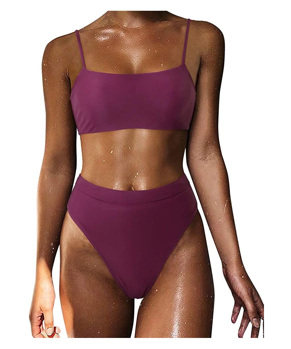 Women High Wasited Bikini Shoulder Strap 2 Piece High Cut String Swimsuits - 33 Wine Red - CM193MNY9NQ $27.76-Sets