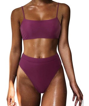 Women High Wasited Bikini Shoulder Strap 2 Piece High Cut String Swimsuits - 33 Wine Red - CM193MNY9NQ $27.76-Sets