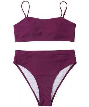 Women High Wasited Bikini Shoulder Strap 2 Piece High Cut String Swimsuits - 33 Wine Red - CM193MNY9NQ $27.76-Sets