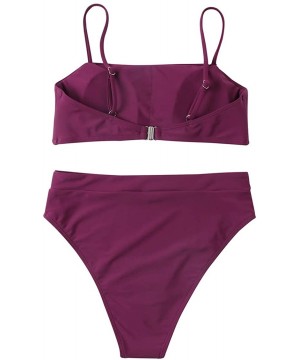 Women High Wasited Bikini Shoulder Strap 2 Piece High Cut String Swimsuits - 33 Wine Red - CM193MNY9NQ $27.76-Sets