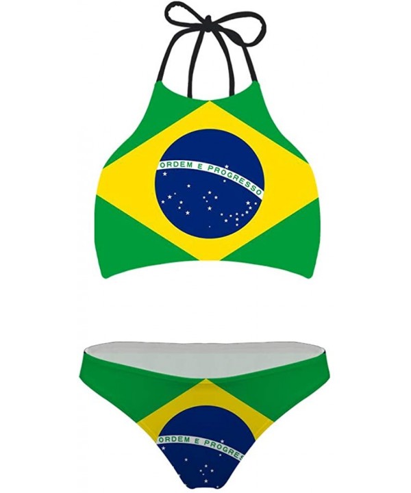 Women Swimsuit Beach Swimwear Tie Halter Padding Bikini Bathing Suit Two Piece Tropical Plants Pattern Flag of Brazil - CC18U...