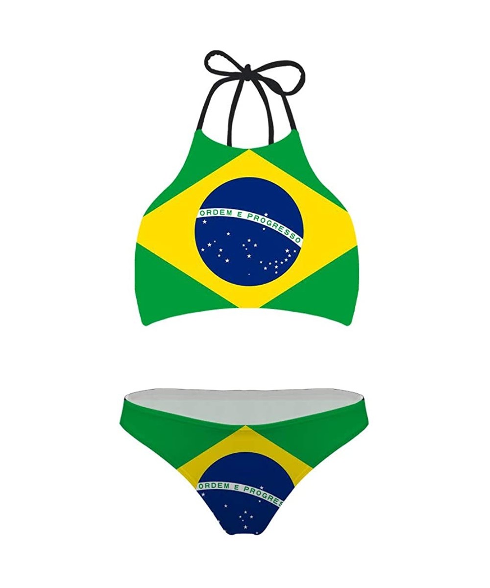 Women Swimsuit Beach Swimwear Tie Halter Padding Bikini Bathing Suit Two Piece Tropical Plants Pattern Flag of Brazil - CC18U...