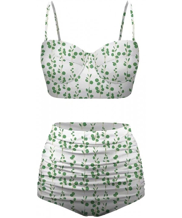 Women's Retro Summer Bright Floral Print Funny Swimsuits High Waisted Bikini Set - White+green-3 - CB196SMODU9 $41.61-Racing