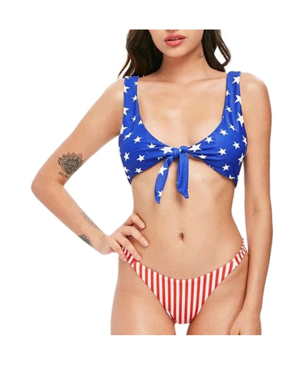 Women Sexy Triangle Bikini Set-Two-Pieces American Flag Printed Push Up High Waist Swimsuit Swimwear - Red-a - CO18ENUT0OX $1...