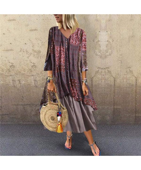 Long Dresses for Women Vintage Floral Print Maxi Dress Boho Loose Autumn Plus Size Dress Short Sleeve Dresses Z2 red - CM197L...