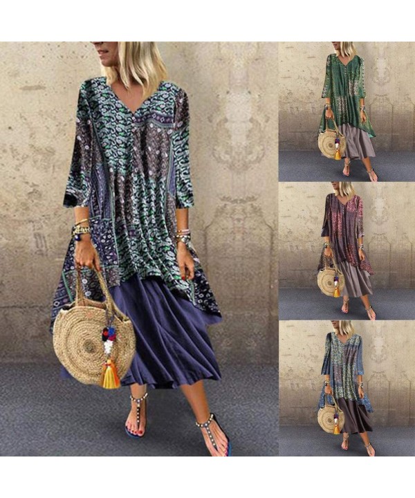 Long Dresses for Women Vintage Floral Print Maxi Dress Boho Loose Autumn Plus Size Dress Short Sleeve Dresses Z2 red - CM197L...