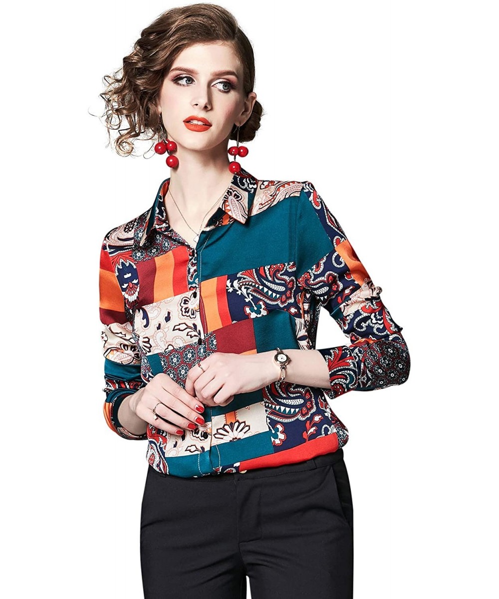 Women's Collared Paisley-Inspired Shirt Long Sleeve Button up Casual Blouse Top - Color Block 1 - CY18XY32N5E $22.05-Sets