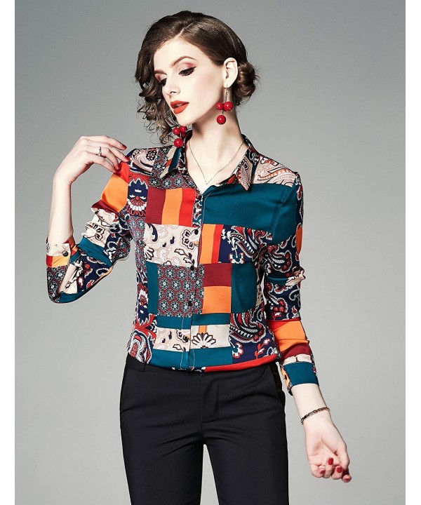 Women's Collared Paisley-Inspired Shirt Long Sleeve Button up Casual Blouse Top - Color Block 1 - CY18XY32N5E $22.05-Sets