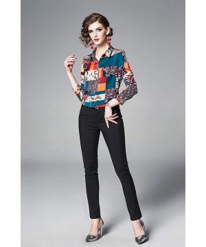 Women's Collared Paisley-Inspired Shirt Long Sleeve Button up Casual Blouse Top - Color Block 1 - CY18XY32N5E $22.05-Sets