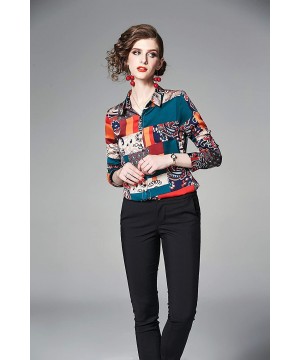 Women's Collared Paisley-Inspired Shirt Long Sleeve Button up Casual Blouse Top - Color Block 1 - CY18XY32N5E $22.05-Sets