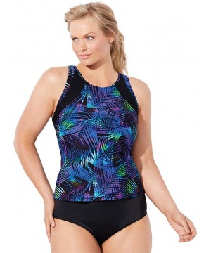 Women's Plus Size Chlorine Resistant Lycra Xtra Life High Neck Racerback Tankini Set with Bike Short - Neon Palm - CX18SED4DH...