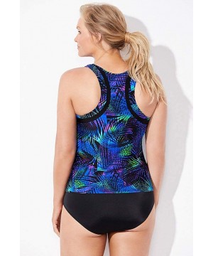 Women's Plus Size Chlorine Resistant Lycra Xtra Life High Neck Racerback Tankini Set with Bike Short - Neon Palm - CX18SED4DH...